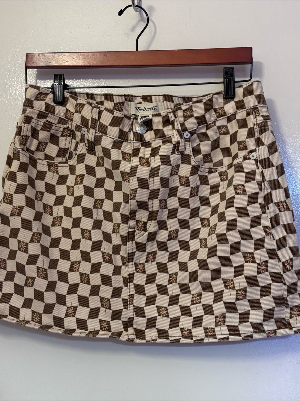 Madewell Brown & Cream Checkered Mini Skirt with Floral Motif